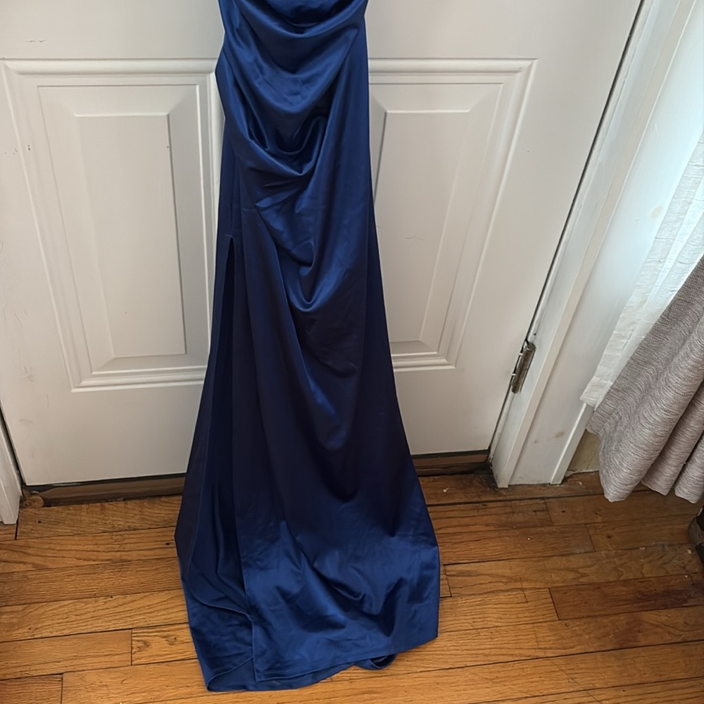 B Darlin Blue Ruched Bodycon Gown Halter Plunge - Picture 7 of 10